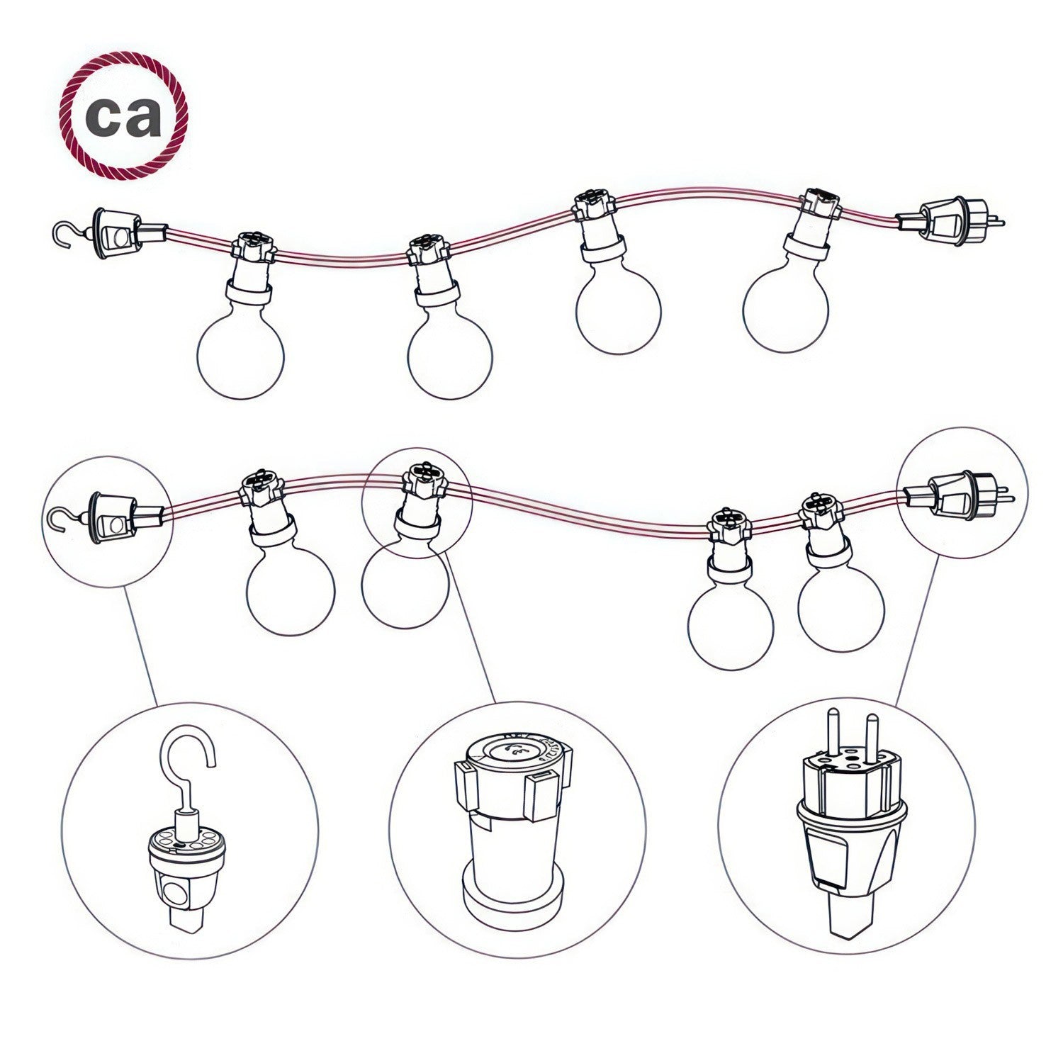 Cabo Elétrico para Cordão de Luzes, coberto por tecido Seda ZigZag Preto-Whiskey CZ22