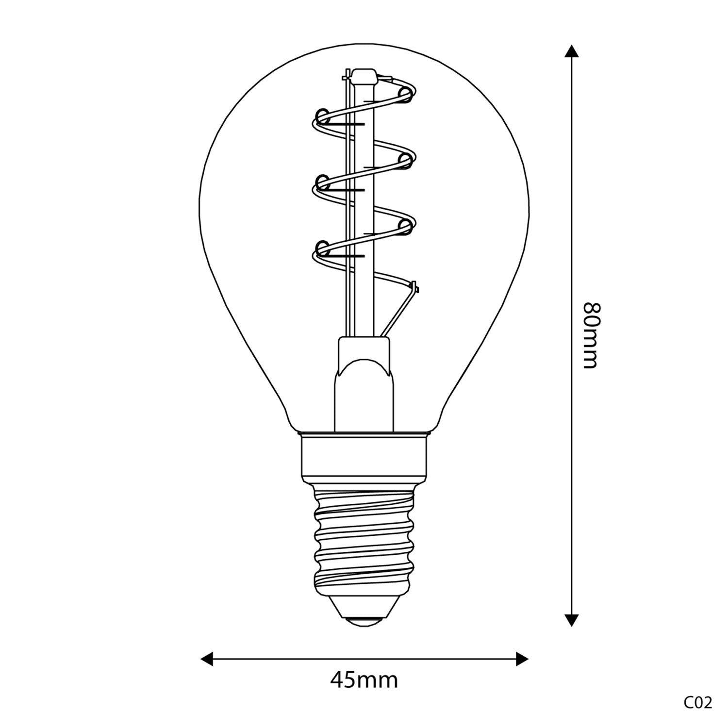 Lâmpada LED Dourada C02 Linha Carbono Filamento Curvo Espiral Mini Globo G45 2,5W E14 Regulável 1800K