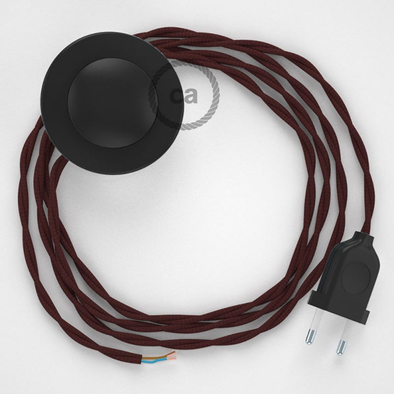 Cabo para candeeiro de chão, TM19 Bordeaux Seda Artificial 3 m. Escolha a cor da ficha e do interruptor.