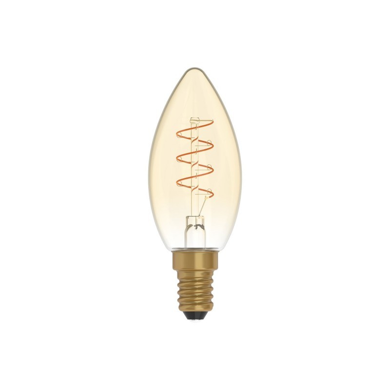 Lâmpada LED Dourada C01 Linha Carbono Vela de Filamento Curvo Espiral C35 2,5W E14 Regulável 1800K