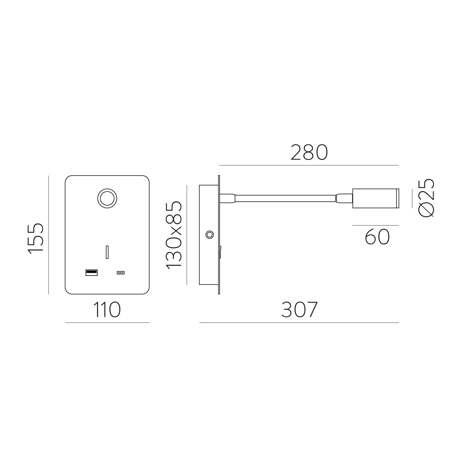 Senda Aplique de Parede de Leitura Direcionável e com porta USB
