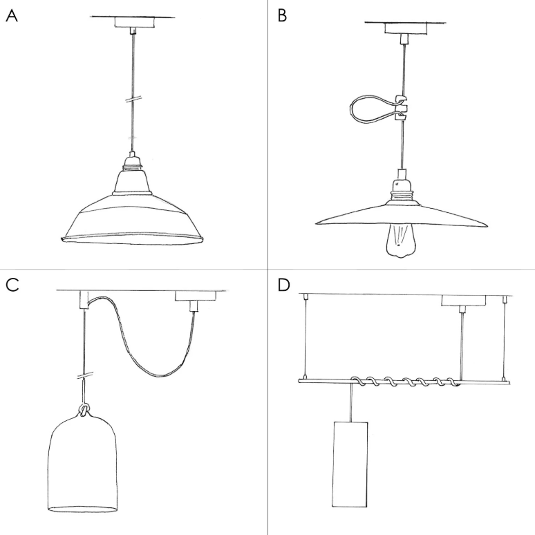 Luminária pendente com cabo têxtil, cúpula de cerâmica Dish e detalhes em metal