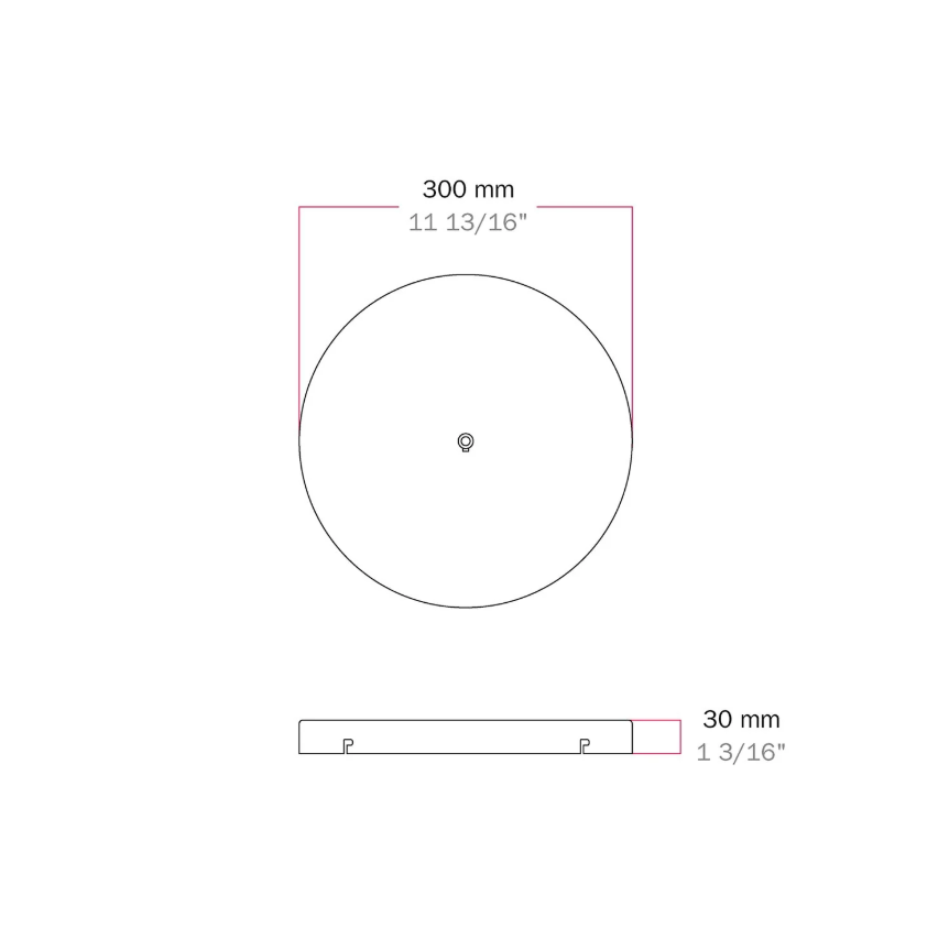 Base de teto redonda em alumínio Ø 30 cm com braçadeira e cabo de aterramento, com 1 furo central
