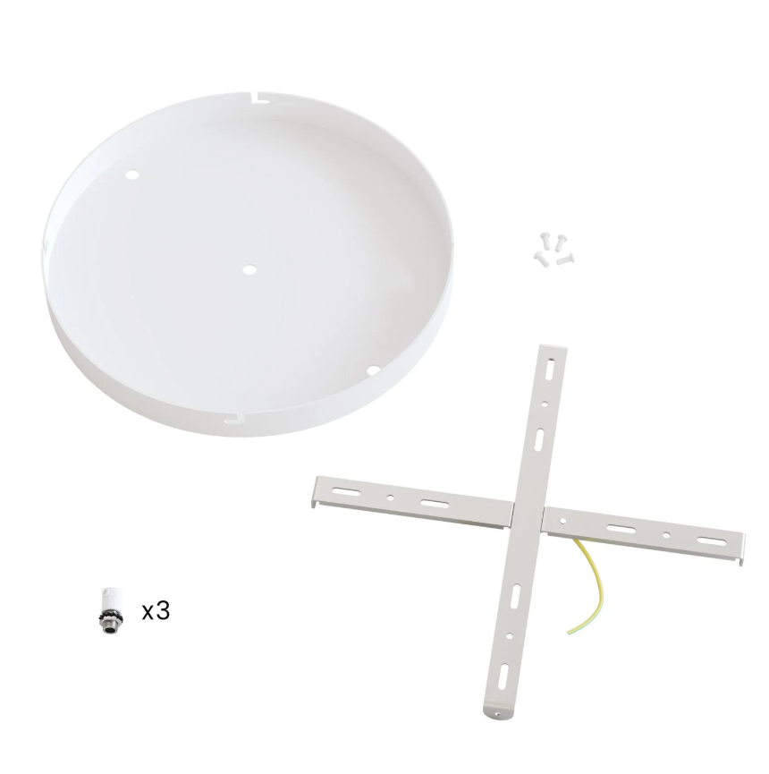 Base de teto redonda em alumínio Ø 30 cm com suporte e Cabo de aterramento, com 3 furos frontais