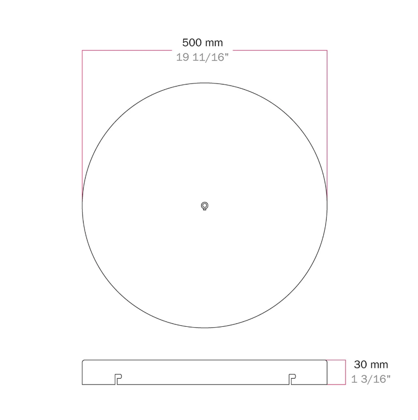 Base de teto redonda em alumínio Ø 50 cm com suporte e Cabo de aterramento, com 1 furo frontal