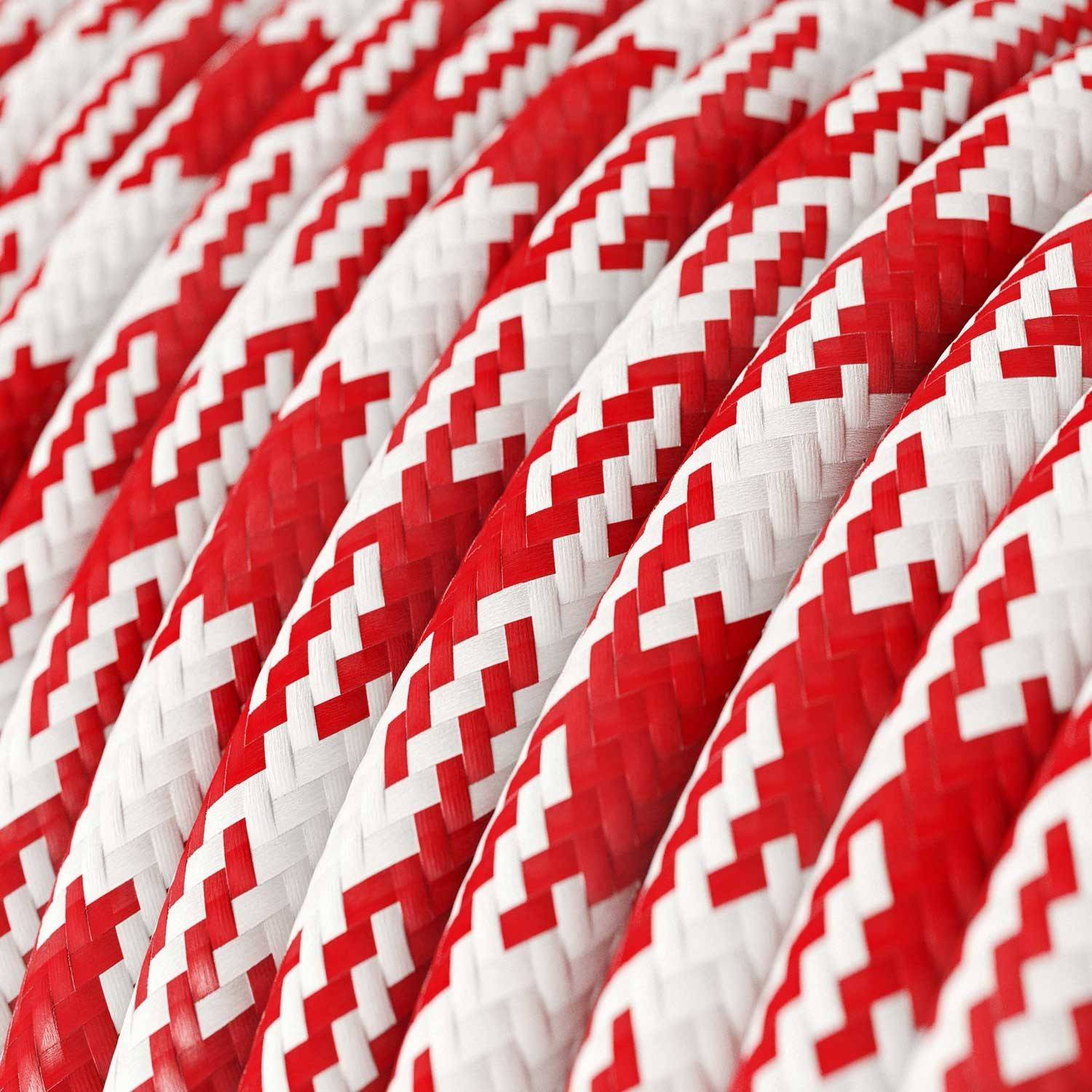 Cabo elétrico redondo revestido em seda artificial Pied de Poule TO207 Branco Óptico e Vermelho