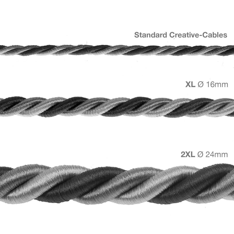 Cordão elétrico 2XL, cabo 3x0,75. Coberto por Tecido brilhante Orleans. Diâmetro 24 mm.