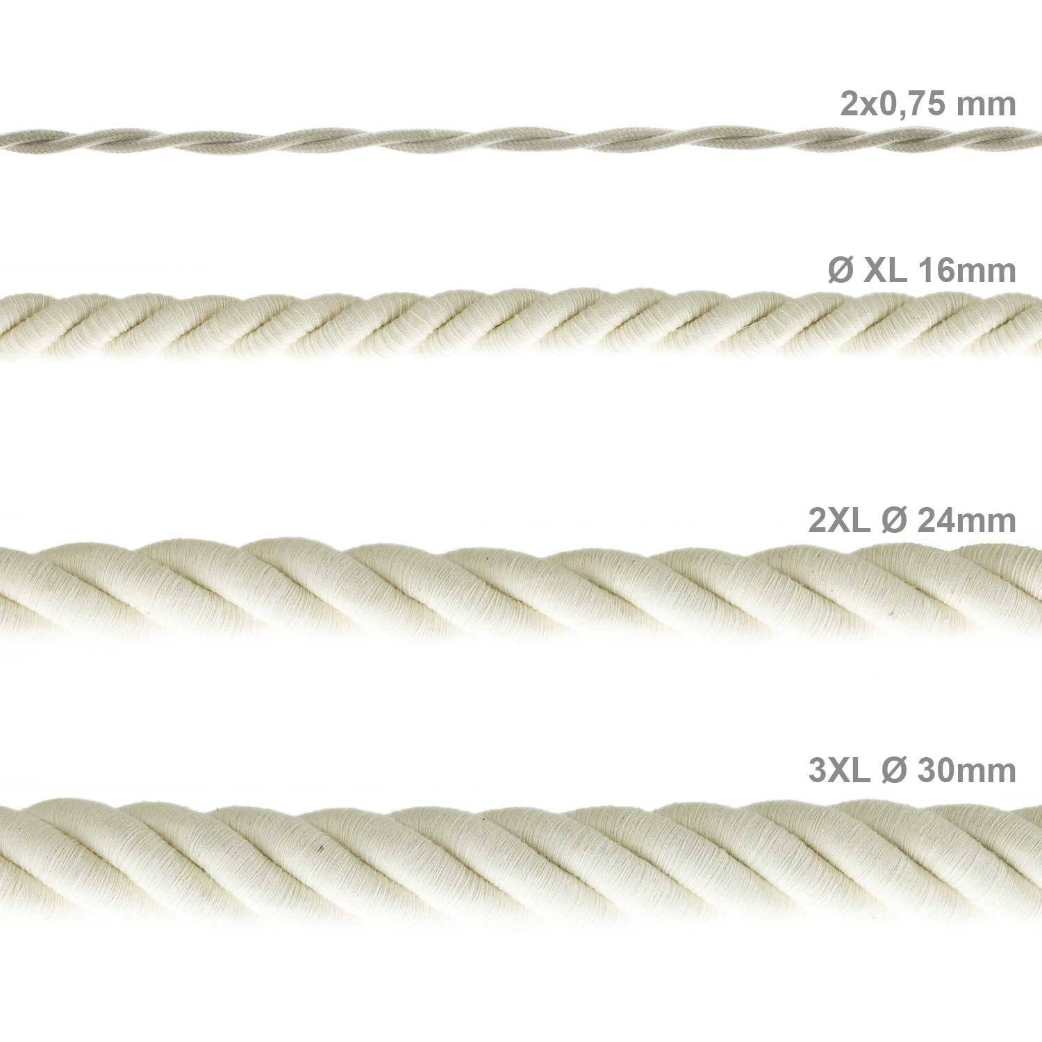 Cordão elétrico 2XL, cabo 3x0,75 revestido em algodão cru. Diâmetro de 24 mm.