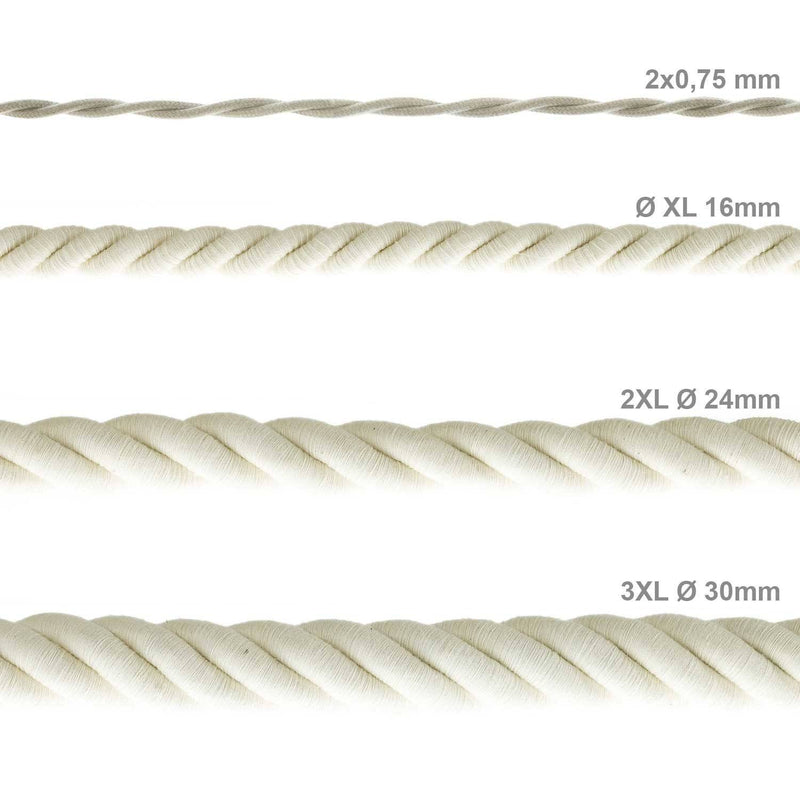 Cordão elétrico XL, cabo 3x0,75 revestido em algodão cru. Diâmetro de 16 mm.