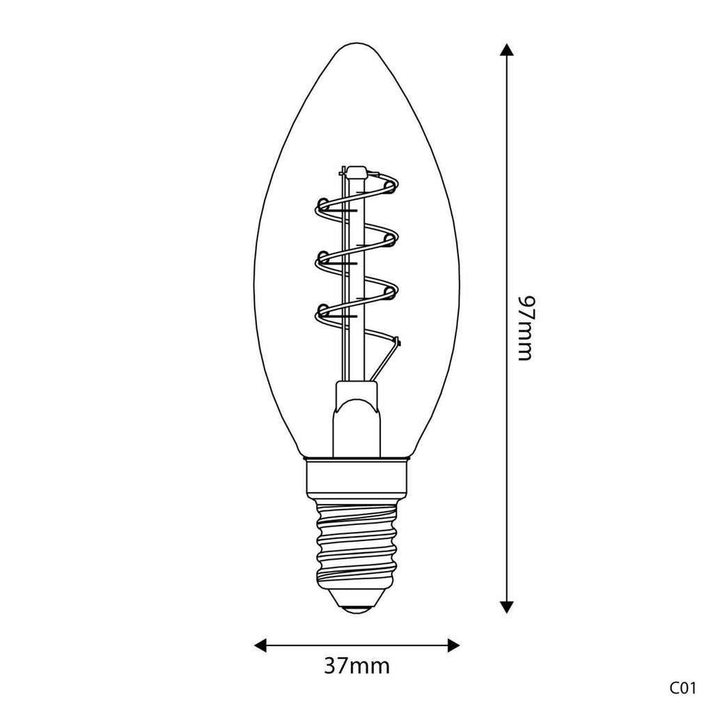 Lâmpada LED Dourada C01 Linha Carbono Vela de Filamento Curvo Espiral C35 2,5W E14 Regulável 1800K