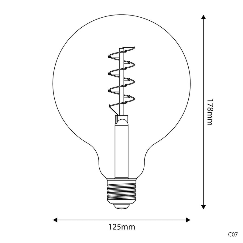 Lâmpada LED Dourada C07 Linha Carbono Filamento Curvo Espiral Globo G125 4W E27 Regulável 1800K