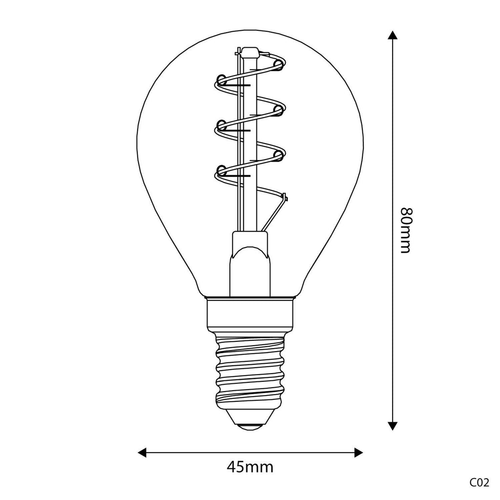 Lâmpada LED Dourada C02 Linha Carbono Filamento Curvo Espiral Mini Globo G45 2,5W E14 Regulável 1800K