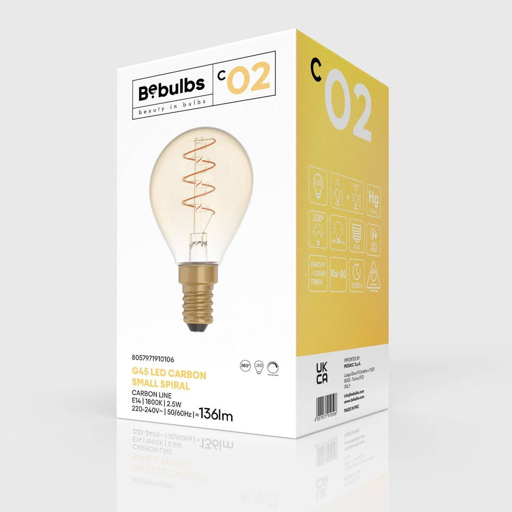Lâmpada LED Dourada C02 Linha Carbono Filamento Curvo Espiral Mini Globo G45 2,5W E14 Regulável 1800K