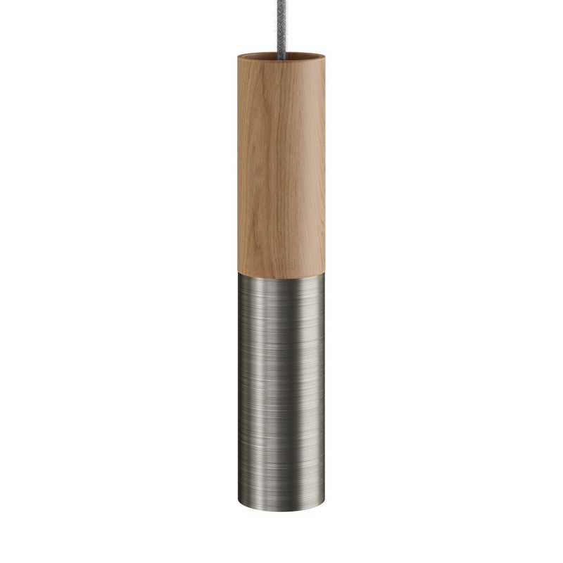 Luminária pendente completa com cabo têxtil e abajur dupla em madeira e metal Tub-E14