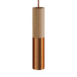 Luminária pendente completa com cabo têxtil e abajur dupla em madeira e metal Tub-E14