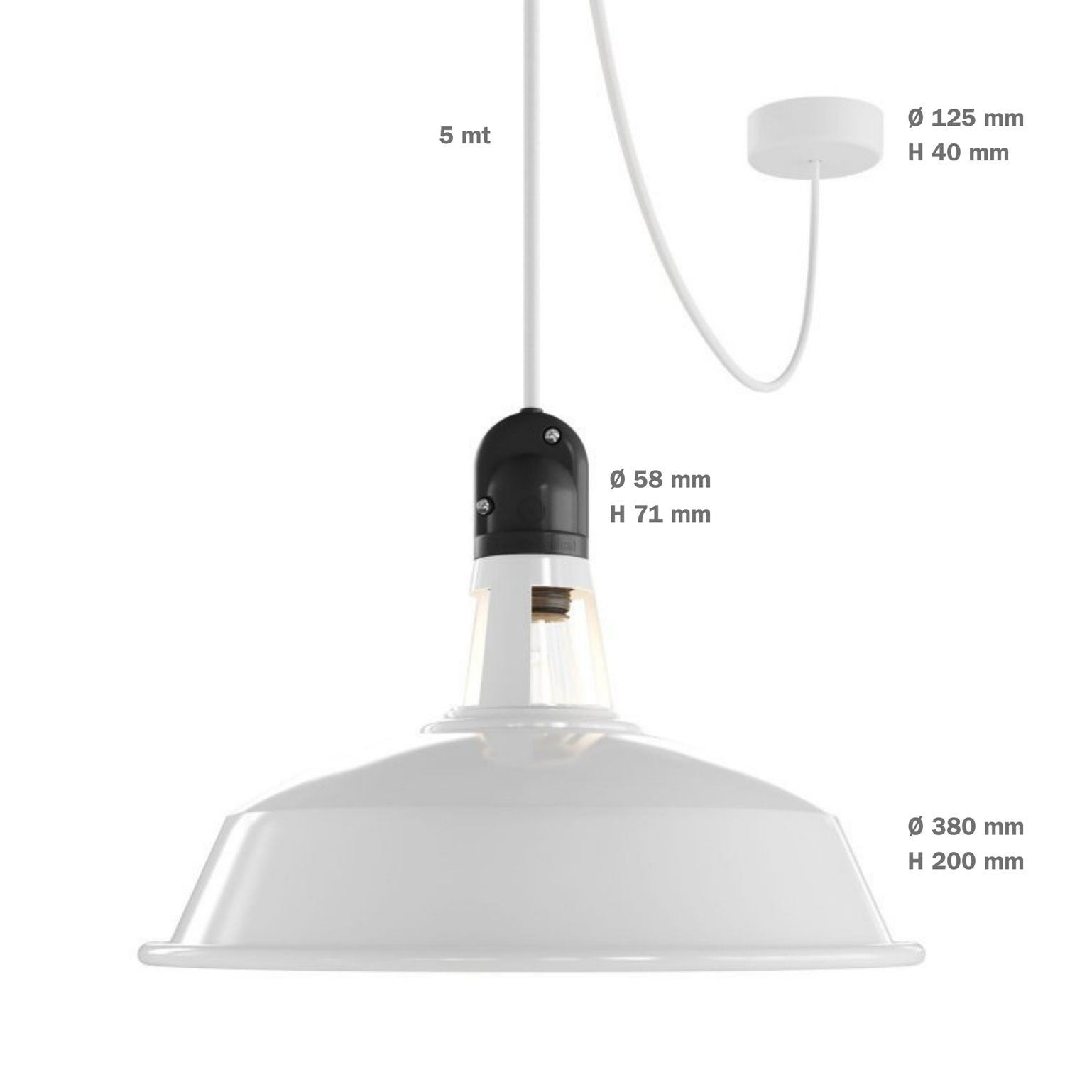 Suspensão com Abajur, Cabo Têxtil, Descentralizador, Rosácea de Teto em Silicone, Casquilho IP65 para uso exterior