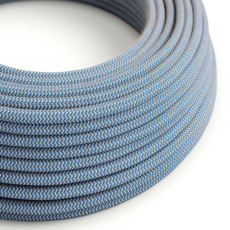 Round Electric Cable covered by Steward Blue ZigZag Cotton and Natural Linen RD75