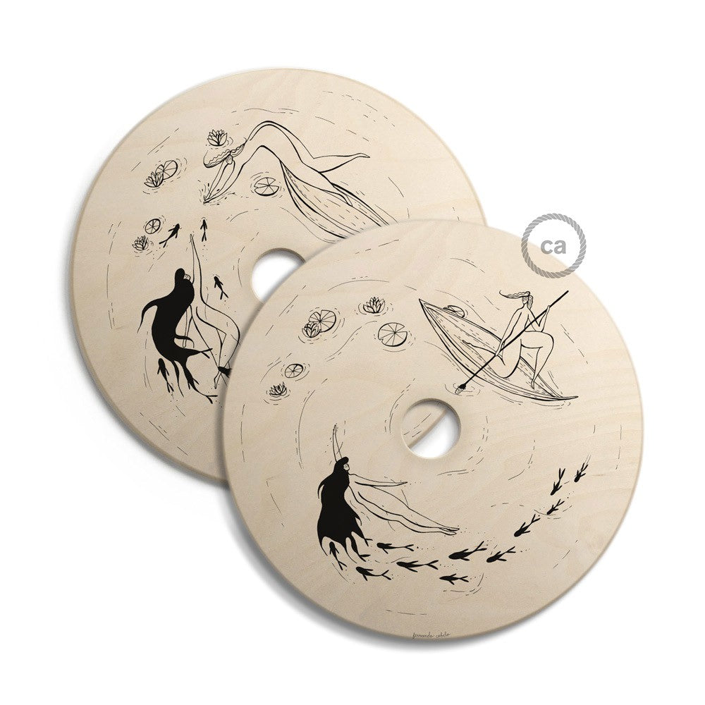 UFO Wooden lampshade illustrated by various artists, double face - 33 cm diameter