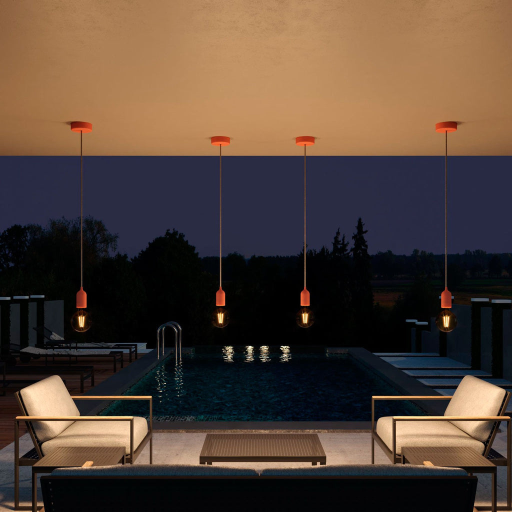 EIVA PASTEL Outdoor pendant lamp with 1,5 mt textile cable colorful silicone ceiling rose and lamp holder IP65 water resistant