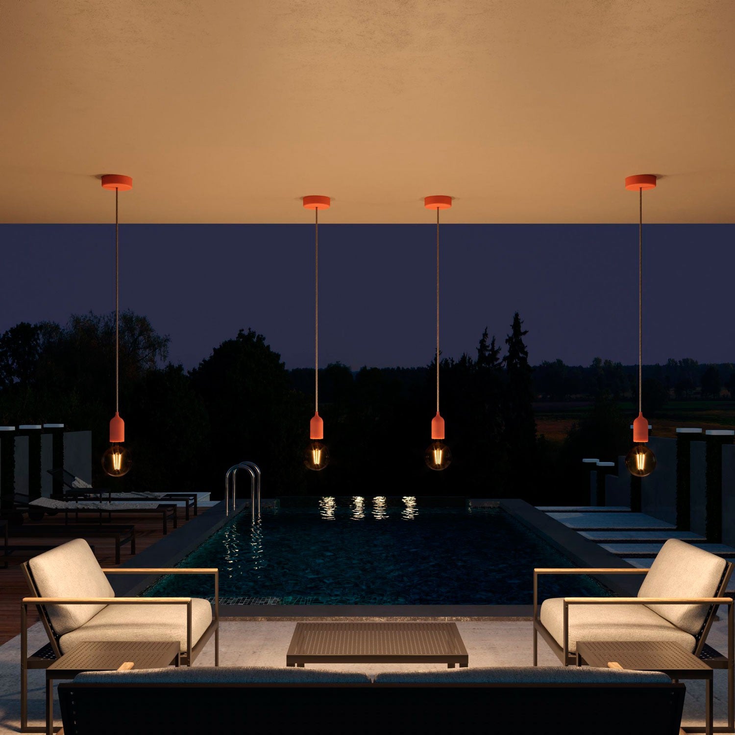 EIVA PASTEL Outdoor pendant lamp with 1,5 mt textile cable colorful silicone ceiling rose and lamp holder IP65 water resistant