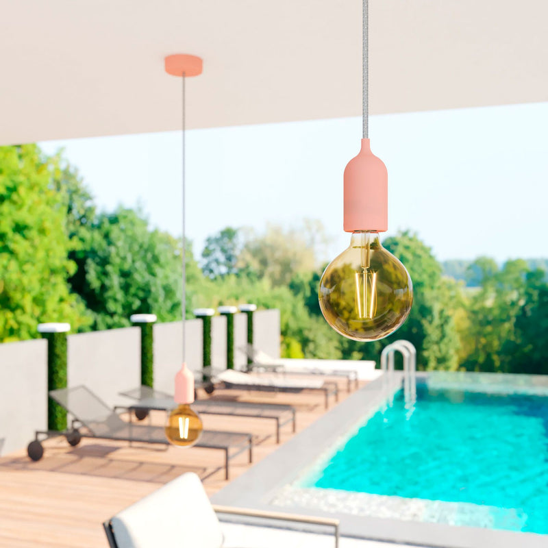 EIVA PASTEL Outdoor pendant lamp with 1,5 mt textile cable colorful silicone ceiling rose and lamp holder IP65 water resistant