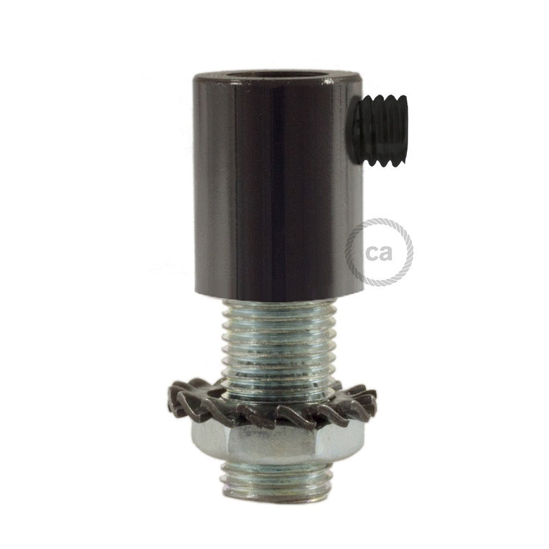 Black pearl finish metal round strain relief clamp  provided with threaded tube, nut and washer.