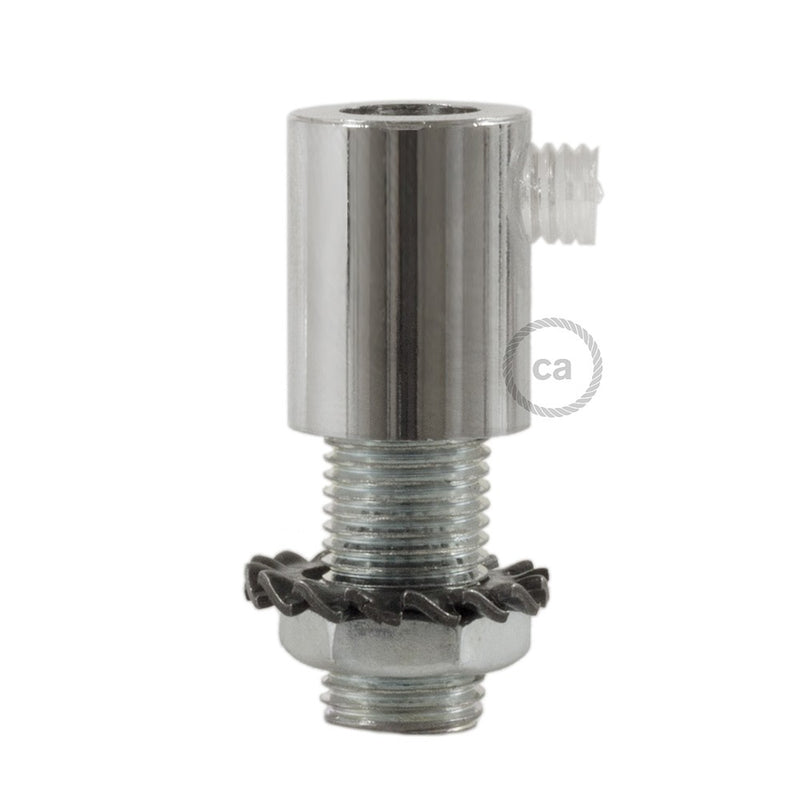 Chrome finish metal round strain relief clamp  provided with threaded tube, nut and washer.