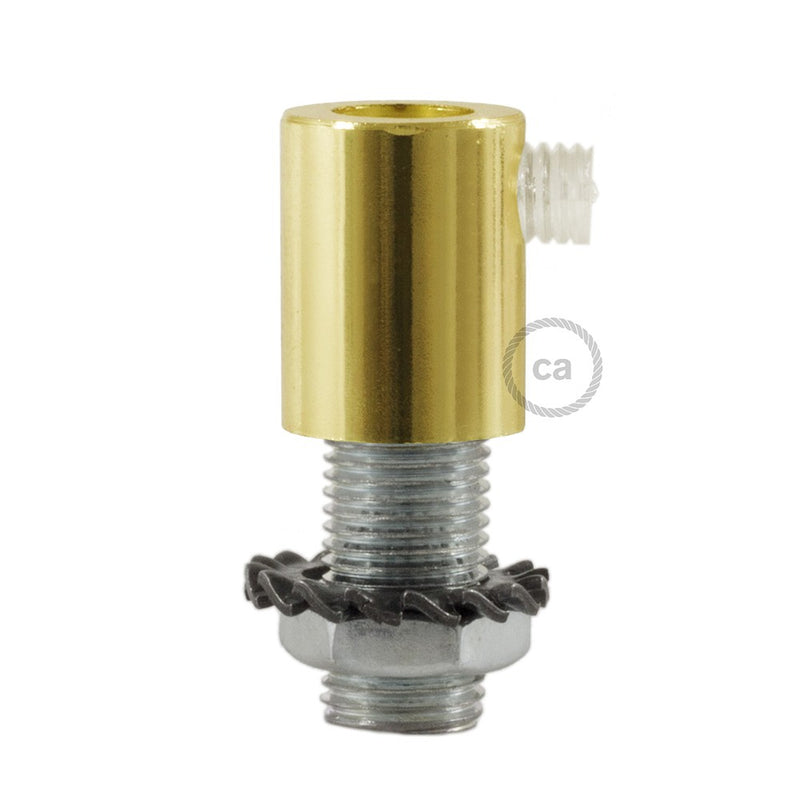 Brass finish metal round strain relief clamp  provided with threaded tube, nut and washer.