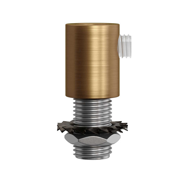 Brushed bronze metal round strain relief clamp provided with threaded tube, nut and washer.