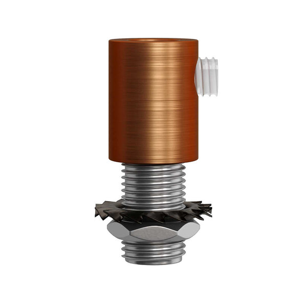 Brushed copper finish metal round strain relief clamp provided with threaded tube, nut and washer.