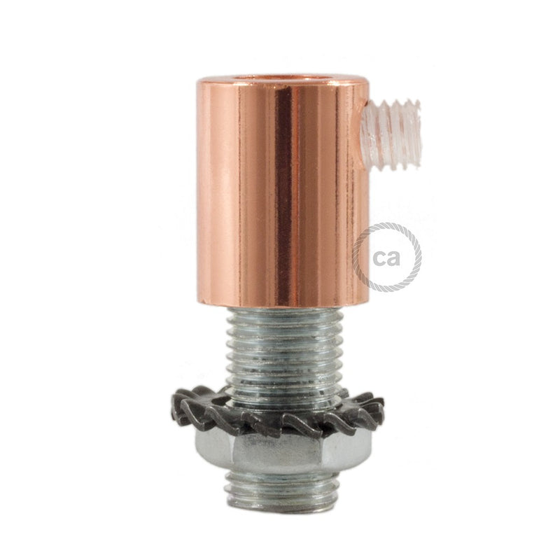 Copper finish metal round strain relief clamp  provided with threaded tube, nut and washer.