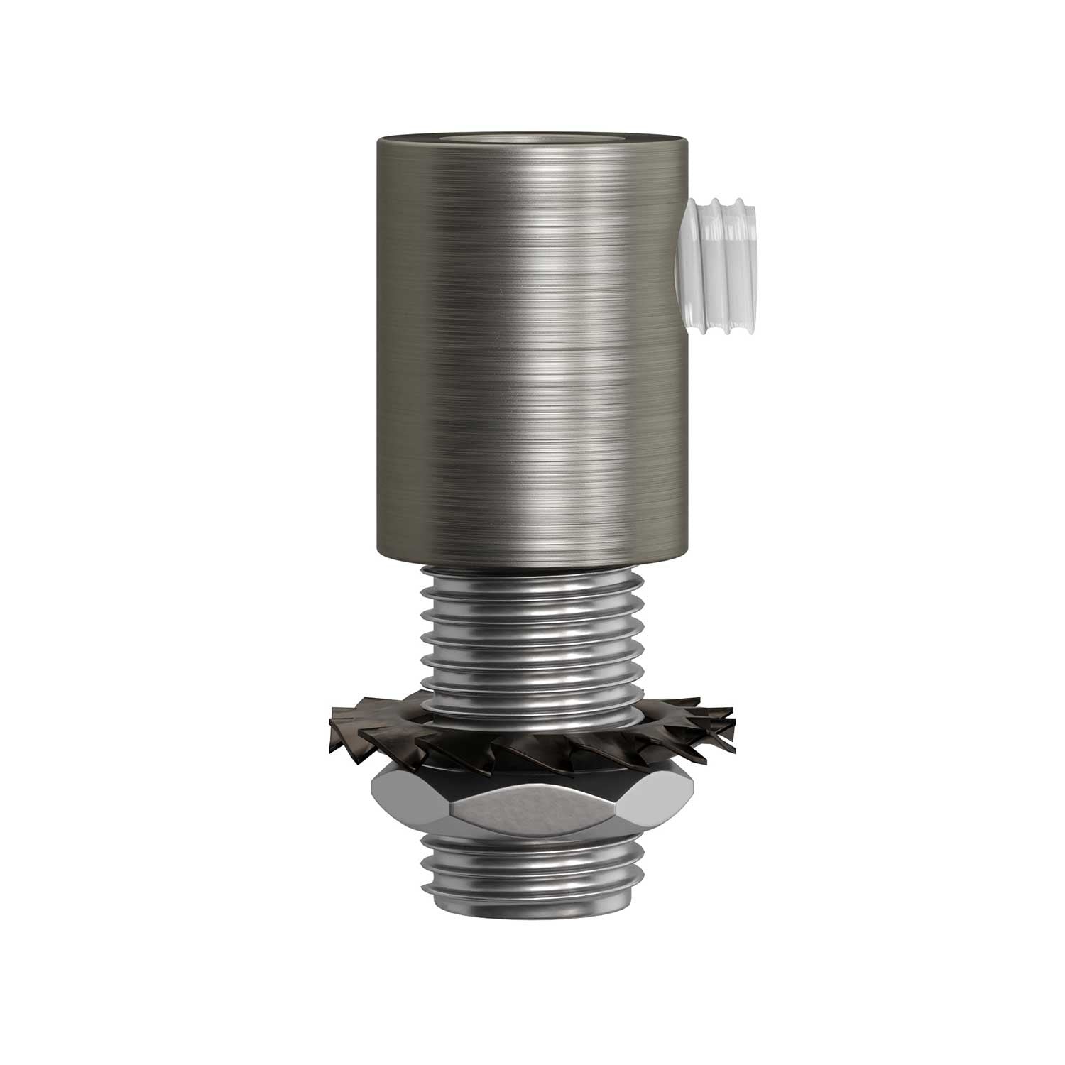 Brushed titanium finish metal round strain relief clamp provided with threaded tube, nut and washer.
