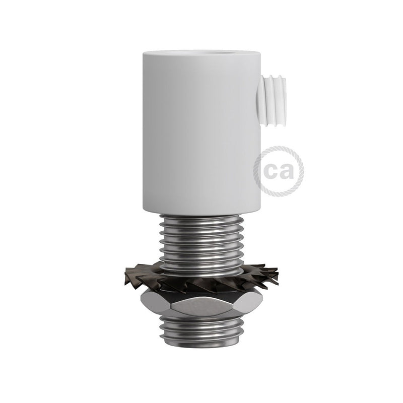 White finish metal round strain relief clamp provided with threaded tube, nut and washer.