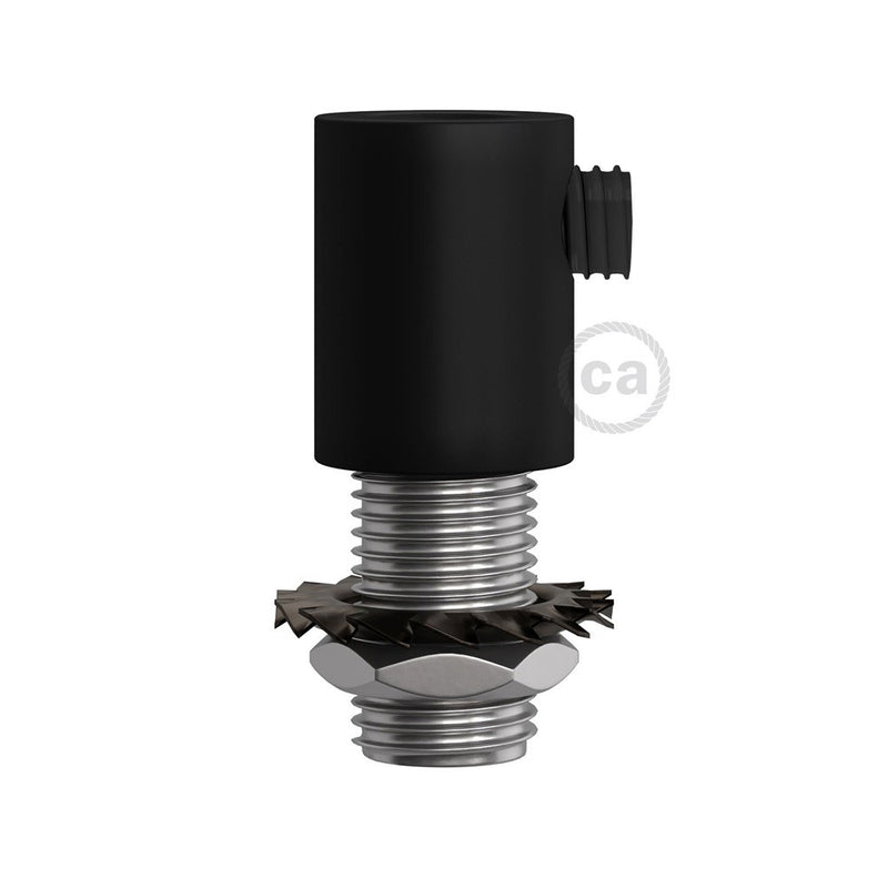 Black finish metal round strain relief clamp provided with threaded tube, nut and washer.