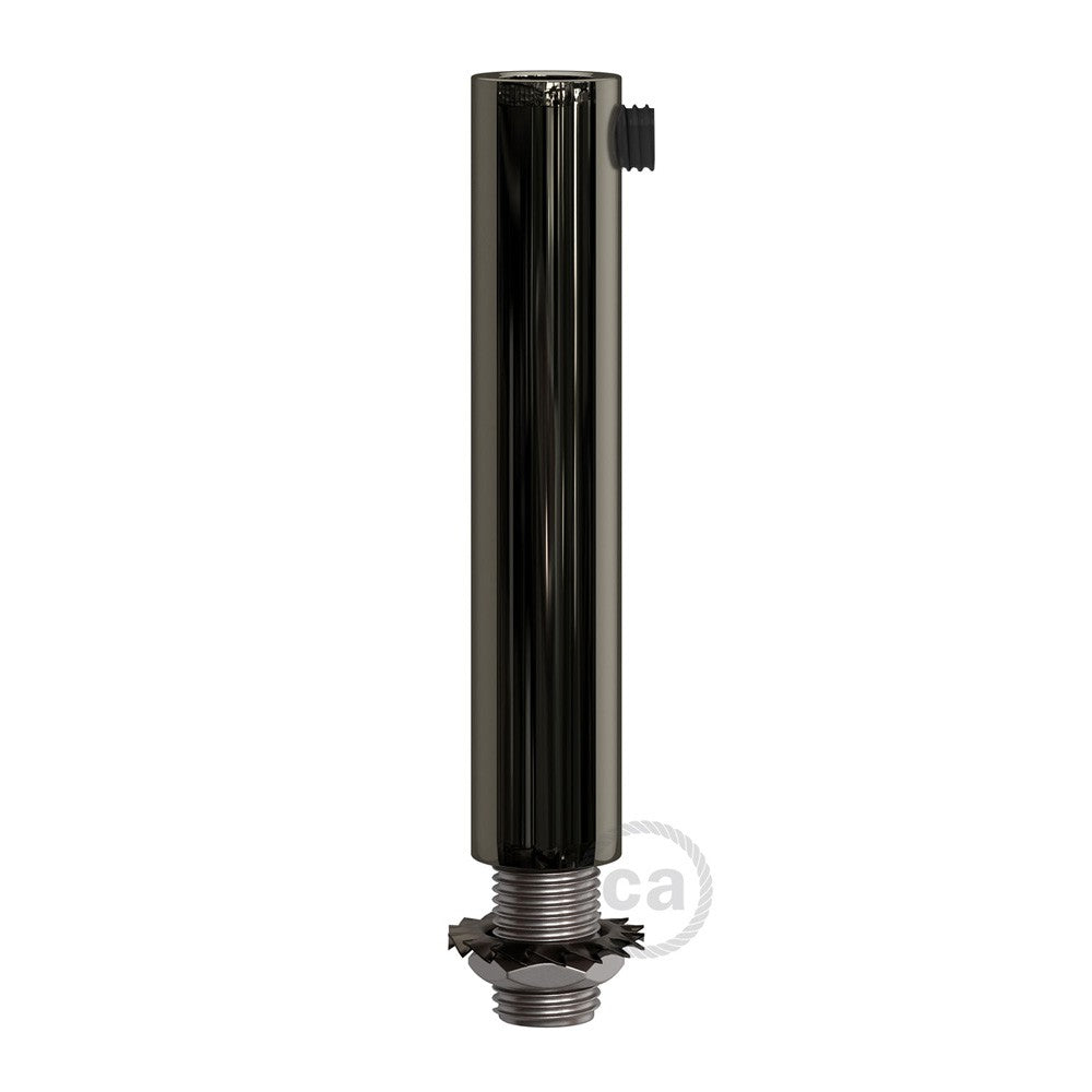 Black pearl finish metal round 7 cm strain relief clamp provided with threaded tube, nut and washer