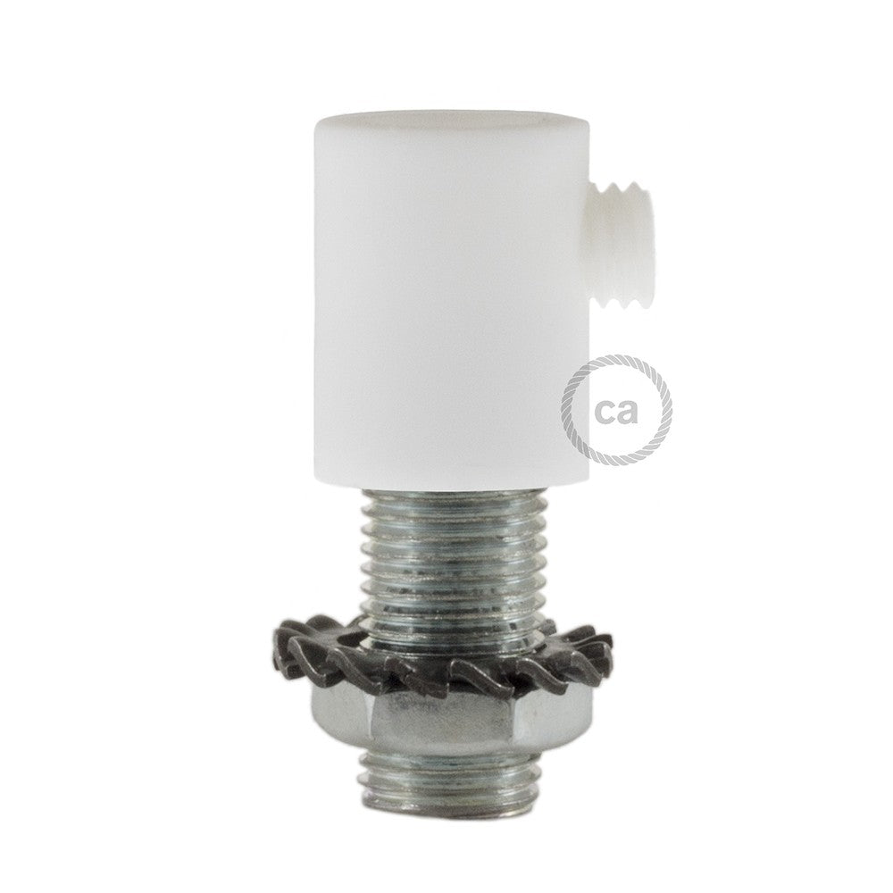 White plastic round strain relief clamp  provided with threaded tube, nut and washer.