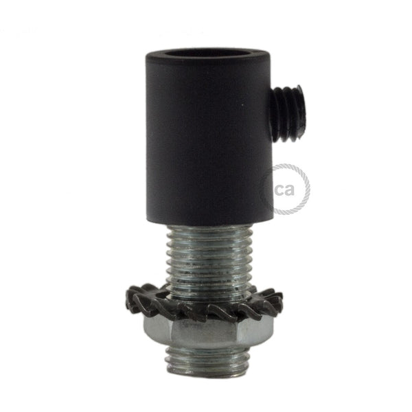 Black plastic round strain relief clamp  provided with threaded tube, nut and washer.