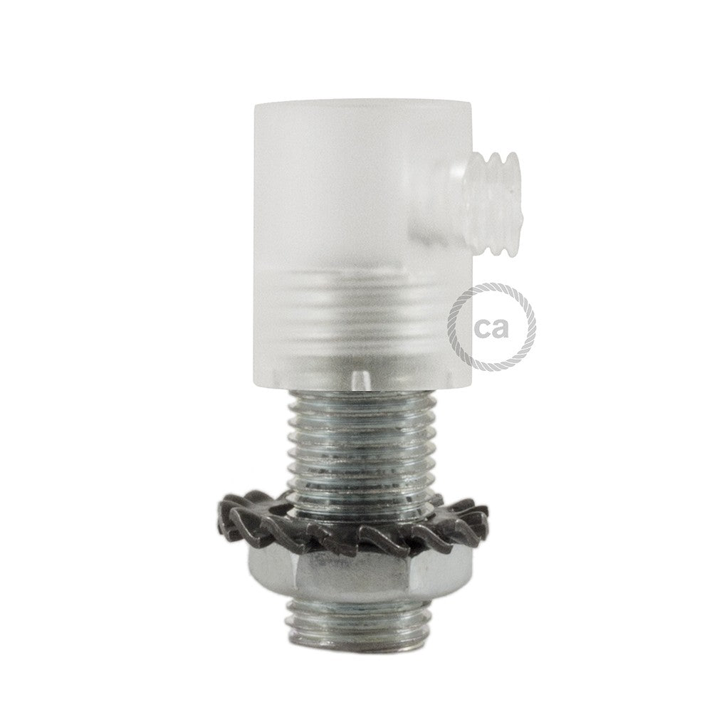 Transparent plastic round strain relief clamp  provided with threaded tube, nut and washer.