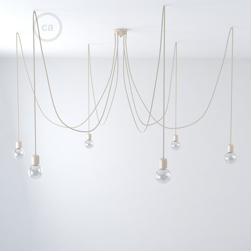 Made in Italy suspension with 6 pendants complete with bulbs, fabric cable, and coloured ceramic finishes
