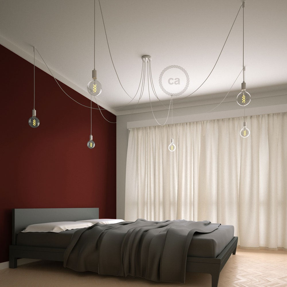 Spider - Candeeiro multi-pendente de 6 luzes Made in Italy completo com cabo de tecido e acabamento em metal