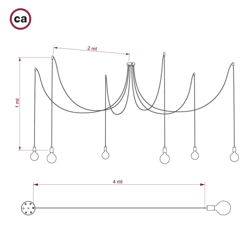 Spider - Candeeiro multi-pendente de 6 luzes Made in Italy completo com cabo de tecido e acabamento em metal