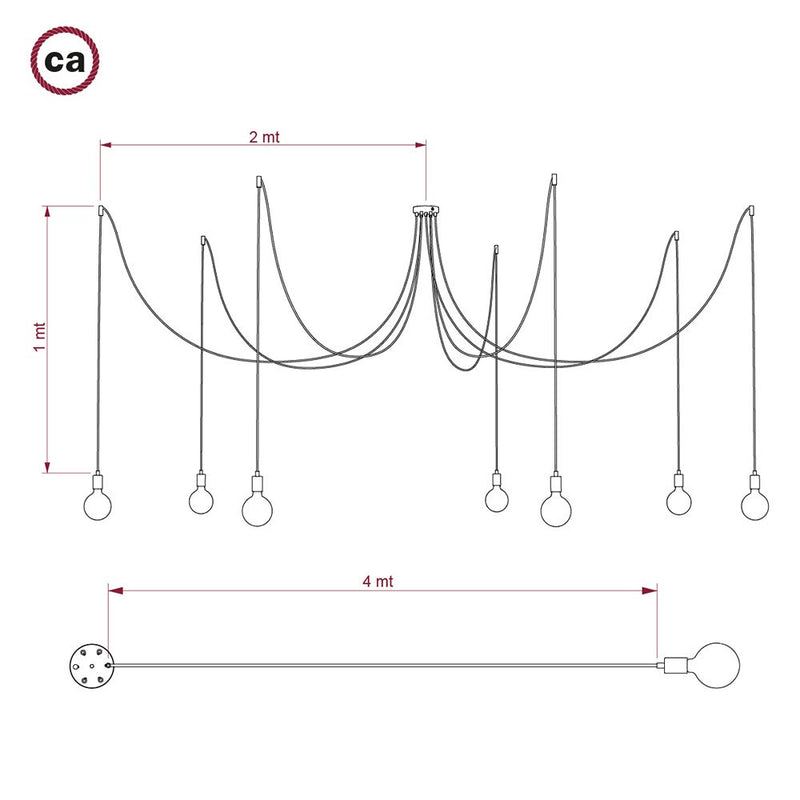 Spider - Candeeiro multi-pendente de 7 luzes Made in Italy completo com cabo de tecido e acabamento em metal