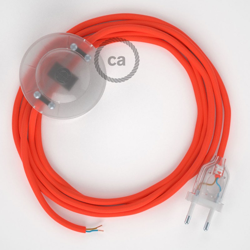Cabo para candeeiro de chão, RF15 Laranja Neon Seda Artificial 3 m.  Escolha a cor da ficha e do interruptor.