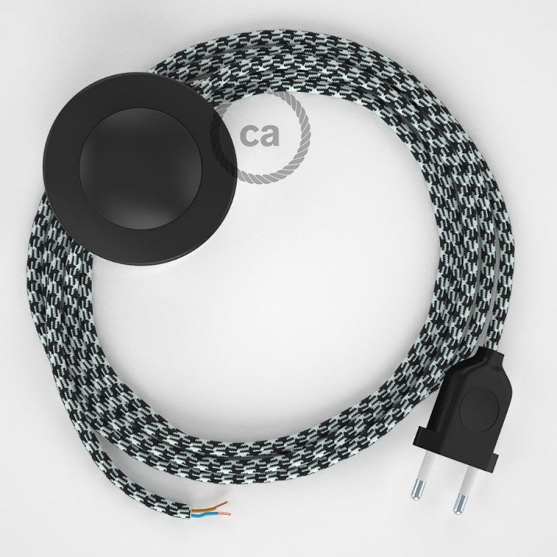 Cabo para candeeiro de chão, RP04 Bicolor Branco-Preto Seda Artificial 3 m.  Escolha a cor da ficha e do interruptor.