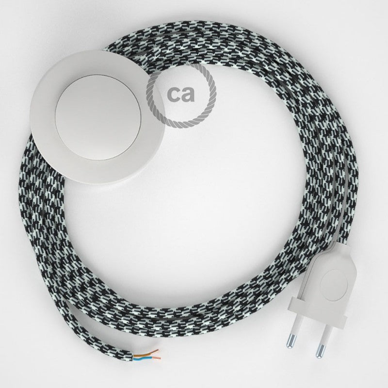 Cabo para candeeiro de chão, RP04 Bicolor Branco-Preto Seda Artificial 3 m.  Escolha a cor da ficha e do interruptor.