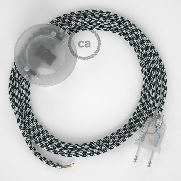 Cabo para candeeiro de chão, RP04 Bicolor Branco-Preto Seda Artificial 3 m.  Escolha a cor da ficha e do interruptor.