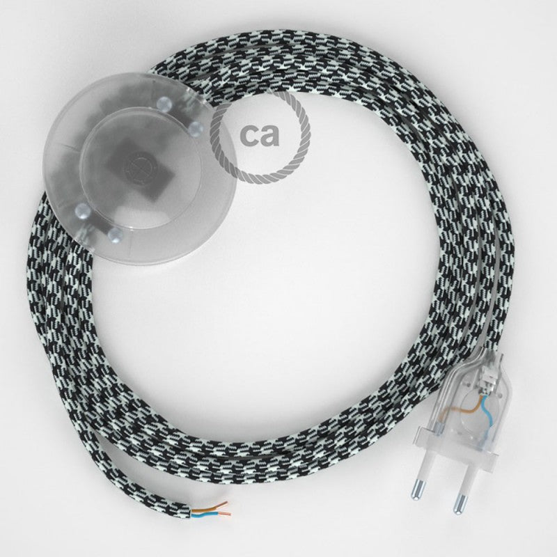 Cabo para candeeiro de chão, RP04 Bicolor Branco-Preto Seda Artificial 3 m.  Escolha a cor da ficha e do interruptor.