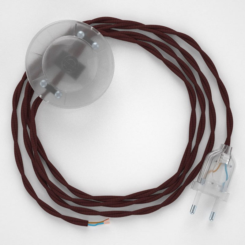 Cabo para candeeiro de chão, TM19 Bordeaux Seda Artificial 3 m.  Escolha a cor da ficha e do interruptor.