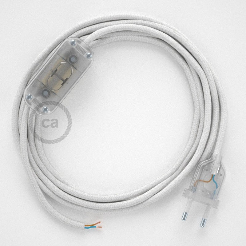 Cabo para candeeiro de mesa, RC01 Branco Algodão 1,80 m. Escolha a cor da ficha e do interruptor.