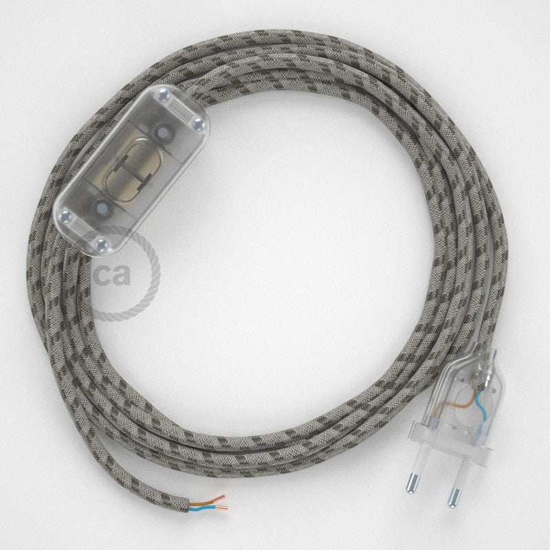 Cabo para candeeiro de mesa, RD53 Riscas Casca de Árvore Algodão e Linho 1,80 m. Escolha a cor da ficha e do interruptor.